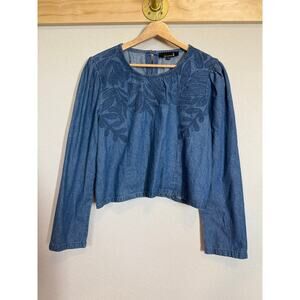 Women's Broadway Denim Blue Jean Crop Embroidered Long‎ Sleeve Blouse Size L